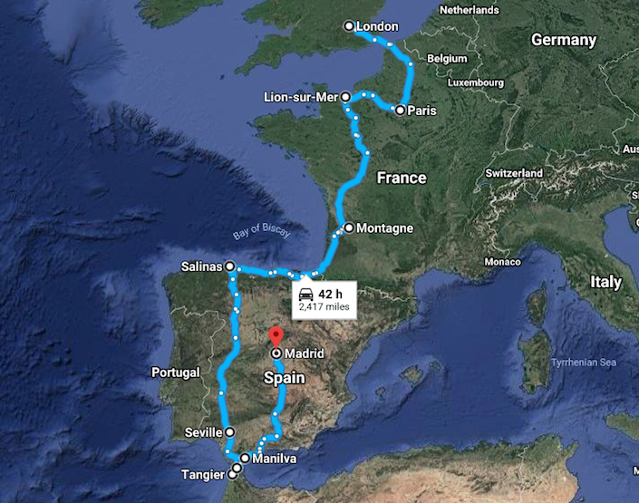 Map of our route through England, France, Spain, Morocco