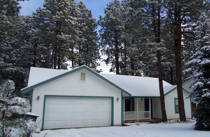 House in pine trees with snow. 